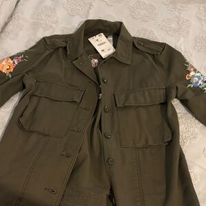 Bershka Khaki Utility Jacket with Floral Embroidery